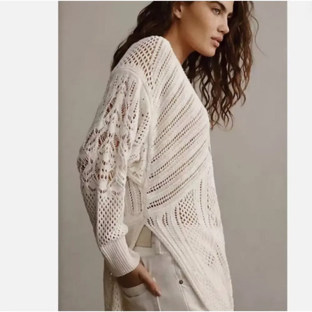 Anthropologie Open-Stitch Side-Slit Tunic Sweater Dress Duster Ivory M - Picture 4 of 11